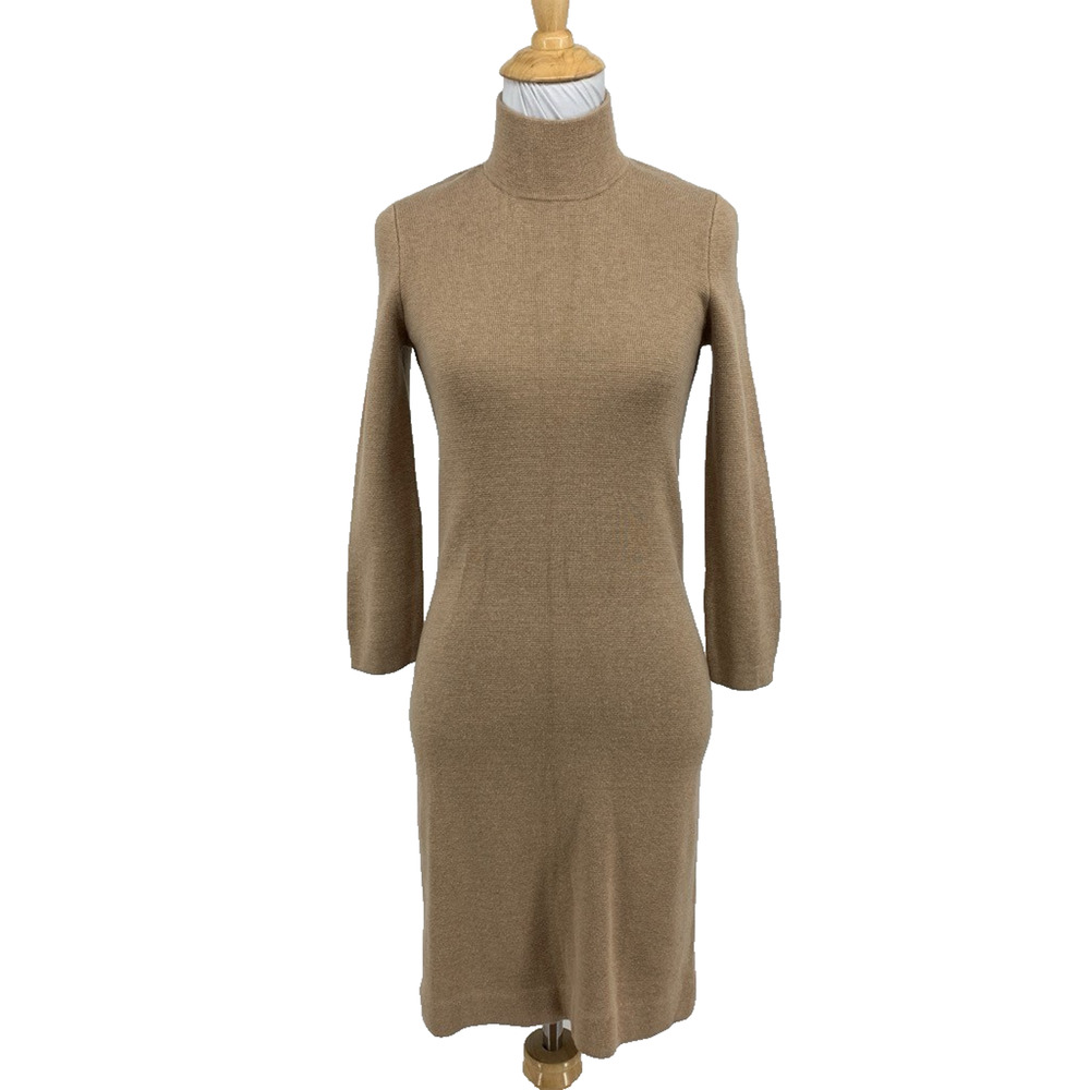 J Mclaughlin Sweater Dress Womens Extra Small Taupe Knit High Neck Zip Back Midi
